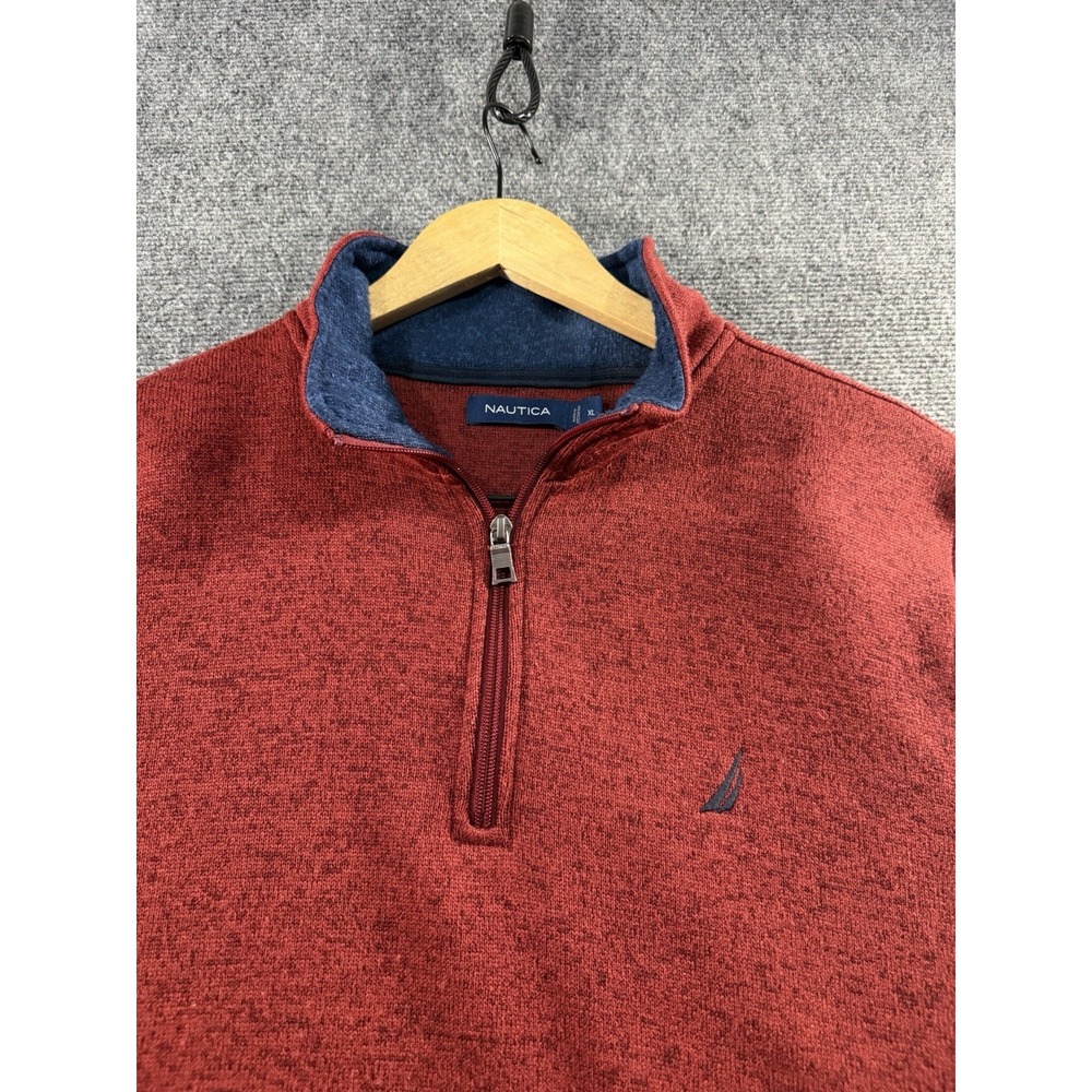 Nautica Sweatshirt 1/4 Zip Pullover Mens XL Red Logo Knit Long Sleeve Mock Neck
